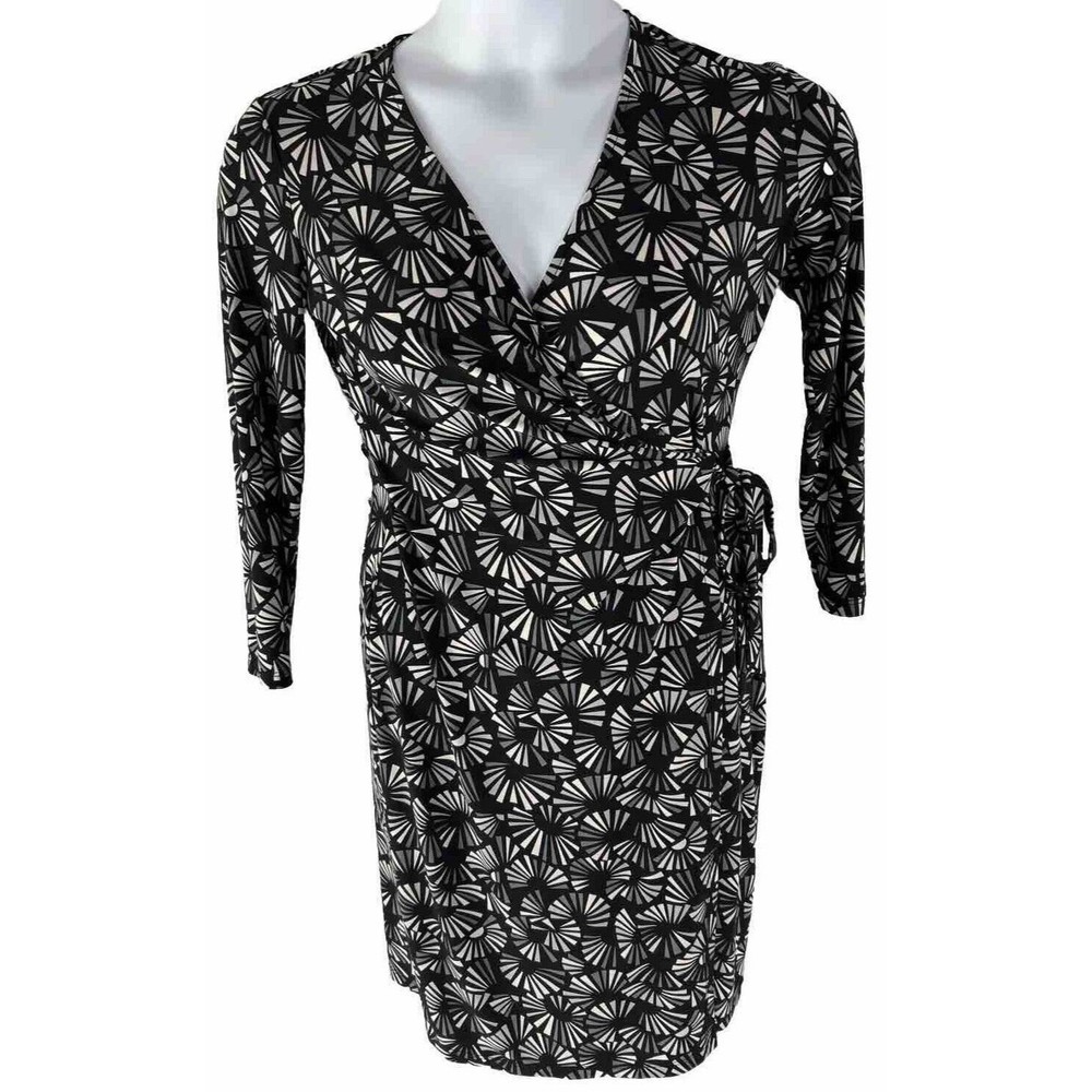 Anne Klein Size Small Black Gray Faux Wrap‎ Dress Geometric Body Con Career